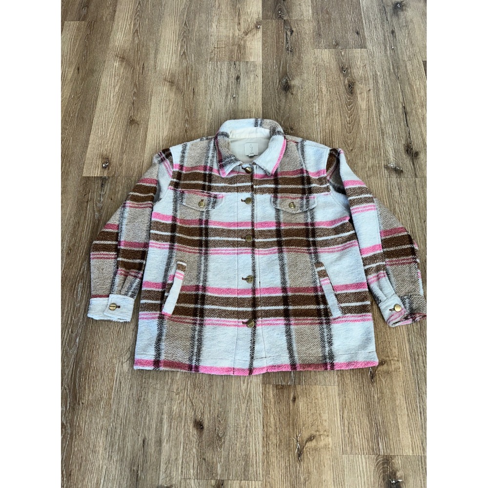 Joie Womens Pink Brown Plaid Button‎ Front Shacket Shirt Jacket Size Medium M